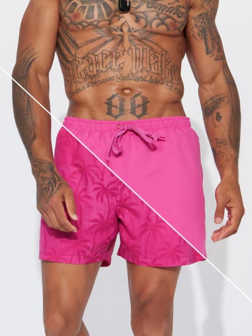 Fashion Nova Men’s Palm Trees Pattern Change Swim Trunk - Raspberry